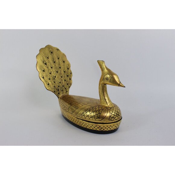 Vintage Lacquer Peacock Box • Hand Painted Kashmiri Papier Mache • Gold Black De - Picture 2 of 15